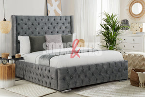 Beige Velvet Chesterfield Bed | Headboard, & Chrome Legs - Sofas & Beds Limited