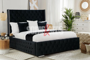 Black Velvet Chesterfield Bed |Headboard & Chrome Legs - Sofas & Beds Limted