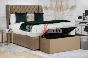  Velvet Chesterfield Ottoman Bed in beige - Sofas & Beds Limited