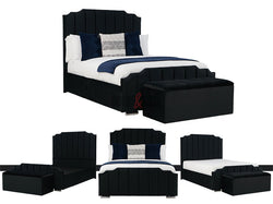 Velvet Upholstered Bed in black with matching velvet storage box | Sofas & Beds Limited