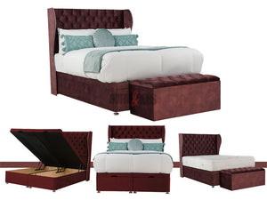Velvet Chesterfield Ottoman Bed in burgundy - Sofas & Beds Limited