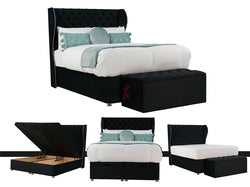 Velvet Chesterfield Ottoman Bed in Black with Chesterfield storage box - Sofas & Beds Limited