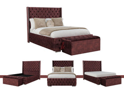 Burgundy Velvet Chesterfield Bed | Matching Tufted Velvet Storage Box - Sofas & Beds Limited