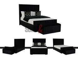 Velvet Upholstered Bed in black with matching velvet storage box by Sofas & Beds Limited