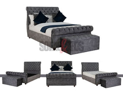 Velvet Sleigh Bed in grey with Storage Box | Sofas & Beds Limited