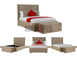 Beige velvet chesterfield bed | Matching Storage Box - Sofas & Beds Limited