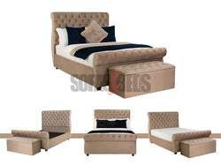 Velvet Sleigh Bed in Beige with Storage Box | Sofas & Beds Limited 