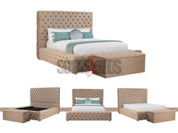 Velvet Chesterfield Bed - Beige | Matching Beige Velvet Ottoman Storage Box - Sofas & Beds Limited