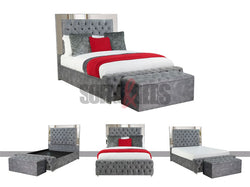  Velvet upholstered bed in grey with matching velvet storage box by Sofas & Beds Limited