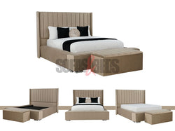 Velvet Upholstered Bed in Beige with Storage Box | Sofas & Beds Limited
