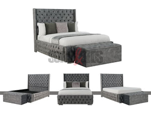 Beige Velvet Chesterfield Bed | Headboard, & Chrome Legs - Sofas & Beds Limited