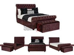 Velvet Sleigh Burgundy Bed with Storage Box | Sofas & Beds Limited