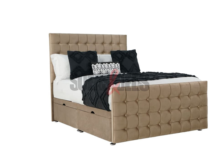 Velvet Chesterfield Ottoman Bed in beige - Sofas & Beds Limited