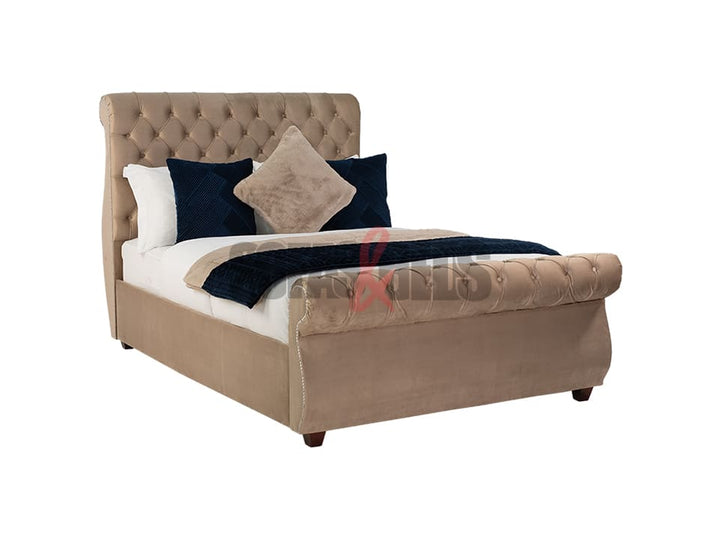 Velvet Sleigh Bed in Beige | Sofas & Beds Limited
