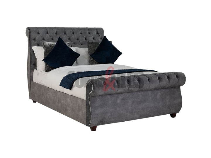 Velvet Sleigh Bed in grey | Sofas & Beds Limited