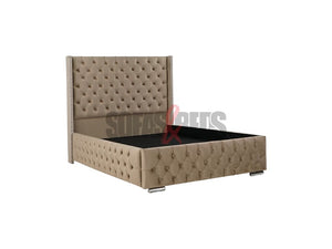 Beige velvet chesterfield bed | Headboard, & Chrome Legs - Sofas & Beds Limited