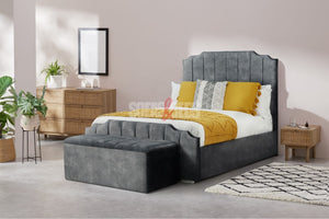 Velvet Upholstered Bed in Grey with cushions | Sofas & Beds Limited