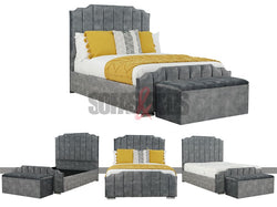 Velvet Upholstered Bed in Grey with matching velvet storage box | Sofas & Beds Limited