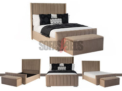 Velvet Upholstered Bed in beige with matching velvet storage box by Sofas & Beds Limited