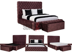 Tufted Velvet Chesterfield Bed - Burgundy | Matching Velvet Storage Box - Sofas & Beds Limited