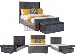 Velvet Upholstered Bed in grey with matching velvet storage box by Sofas & Beds Limited