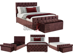 Velvet Upholstered Bed in Burgundy with Storage Box | Sofas & Beds Limited
