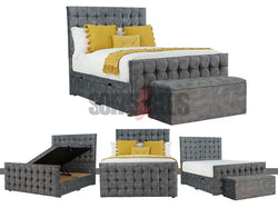 Velvet Chesterfield Ottoman Bed in grey -with grey chesterfield storage box - Sofas & Beds Limited