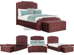 Velvet Upholstered Bed in Burgundy with matching velvet storage box  | Sofas & Beds Limited