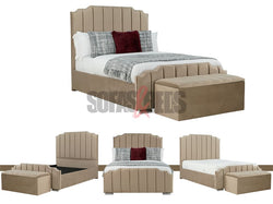 Velvet Upholstered Bed in beige with matching velvet storage box | Sofas & Beds Limited