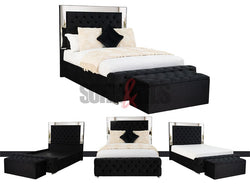 Velvet upholstered bed in black with matching velvet storage box by Sofas & Beds Limited