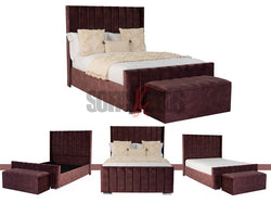  Velvet Upholstered Bed in burgundy with matching velvet storage box by Sofas & Beds Limited