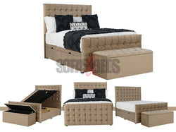 Velvet Chesterfield Ottoman Bed in Beige with storage box - Sofas & Beds Limited