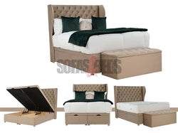  Velvet Chesterfield Ottoman Bed in Beige with storage box - Sofas & Beds Limited
